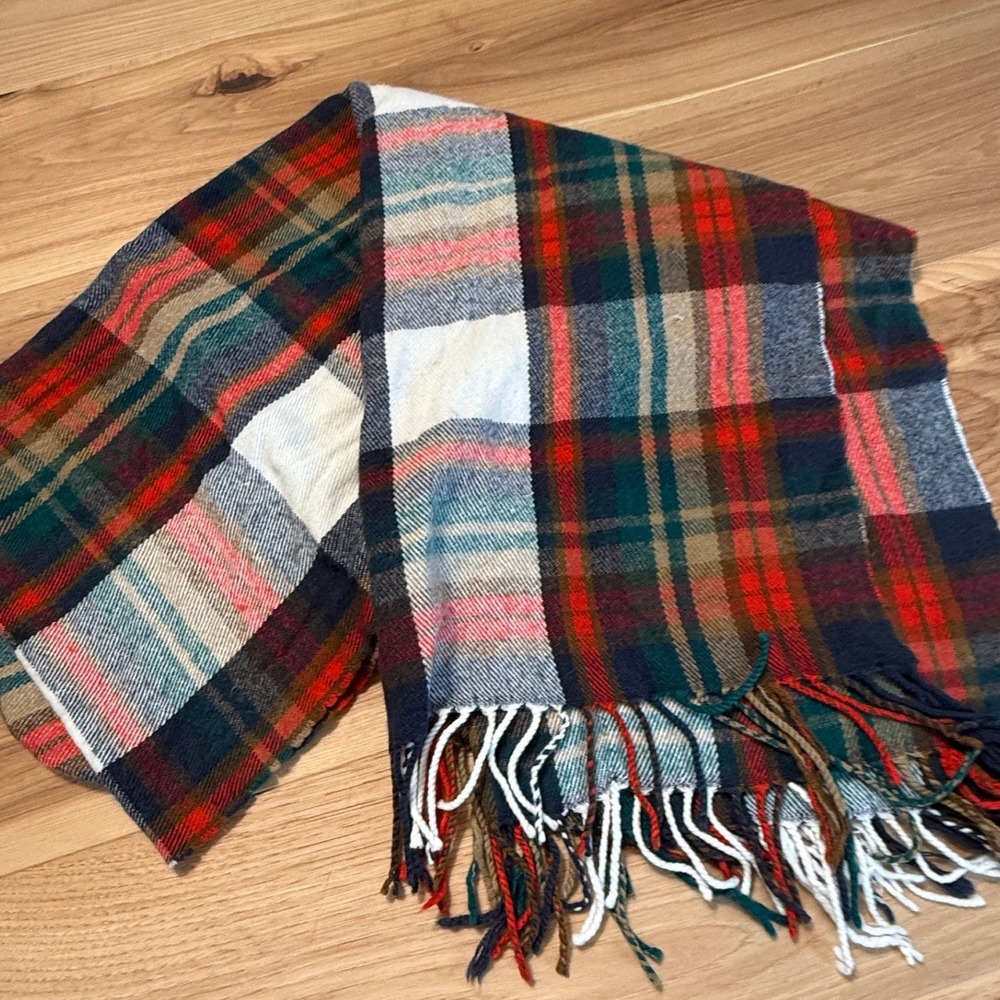J Crew Plaid Scarf  Multi-Color Acrylic  Oversized Tartan Fringe Soft Cabincore